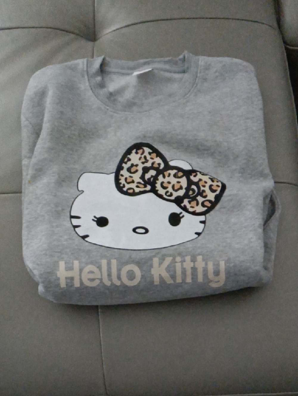 ADULT Hello Kitty Gray Crewneck Sweatshirt with Leopard Bow Detail